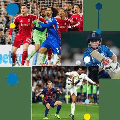 Three sports photographs showing Liverpool v Chelsea football action, cricketer Heather Knight batting, and El Clásico.